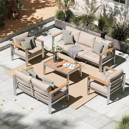 Aluminum Outdoor Patio Furniture Set with Coffee Table, 5 Piece Outdoor Conversation Sets with Washable Thick Cushions, Patio Sectional Furniture Set for Porch, Lawn, Garden, Silver