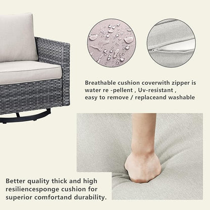Outdoor Patio Swivel Rocker Chairs - Single Wicker Patio Swivel Rocking Chair with Waterproof Wicker,Comfortable Cushions and Sturdy Metal Frame for Outside Porch Deck Backyard(Mixed Grey/Beige/1PC)
