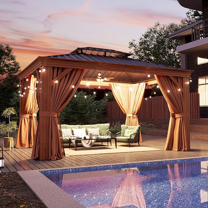 Aoxun 10' x 12' Hardtop Gazebo, Wooden Finish Coated Aluminum Frame Canopy, Galvanized Steel Double Top, Outdoor Permanent Metal Pavilion with Curtains and Netting, for Backyard, Patio and Deck