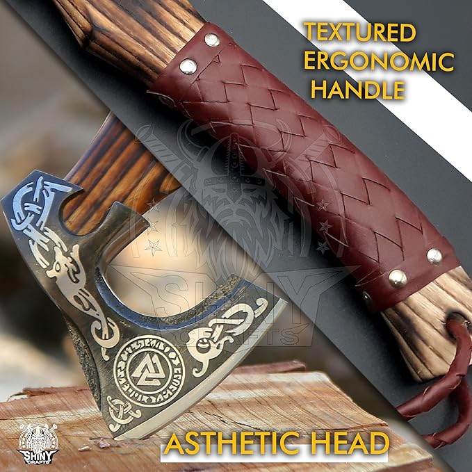 SHINY CRAFTS® Handcrafted Decorative Viking Axe with Leather-Wrapped Handle & Sheath – Engraved Blade – Ceremonial Collectible Gift for Men, Warriors, History Buffs, Cosplay & Display (VBA-07)