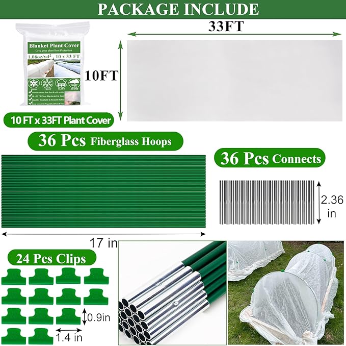 10X50FT Plant Covers Frost Protection Kit, Garden Hoops Kit for Winter Oudoot Plants, Floating Row Cover Frost Cloth Plant Blankets for Freeze Snow Protection, Greenhouse Hoop for Raised Beds