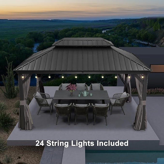 PURPLE LEAF 10' X 14' Gazebo with Metal Roof Patio Gazebo with Light for Outdoor Lawn and Garden Hardtop Grey