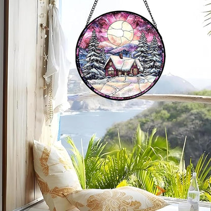 Stained Glass Window Hanging - Winter Snow Scene Cabin Moon Sun Catcher for Door Garden Home Decor Pine Tree Suncatcher Christmas Mother's Day Birthday Gifts for Women Men Mom Nana 9.8 in