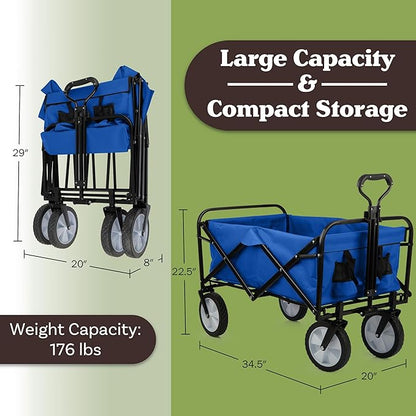 Collapsible Wagon - Grocery Cart on Wheels - Portable Beach Wagon, Folding Garden Trolley or Shopping Cart - Wagons Carts Foldable by Pure Garden (Blue)