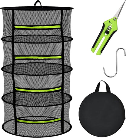4 Layer Herb Drying Rack Hanging, Plant Drying Rack, Bud Drying Net,Foldable Hanging Dry Rack Net with Green Zipper, Garden Shears & Hooks, for Herbs, Seeds Indoor/Outdoor (23.62")