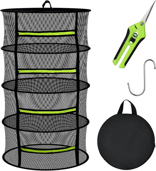 4 Layer Herb Drying Rack Hanging, Plant Drying Rack, Bud Drying Net,Foldable Hanging Dry Rack Net with Green Zipper, Garden Shears & Hooks, for Herbs, Seeds Indoor/Outdoor (23.62")