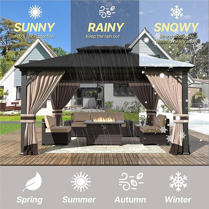 Gotland 12' x 14' Khaki Hardtop Gazebo with Curtains and Netting, Double Roof Iron Metal Pergola for Patio, Garden, Lawn