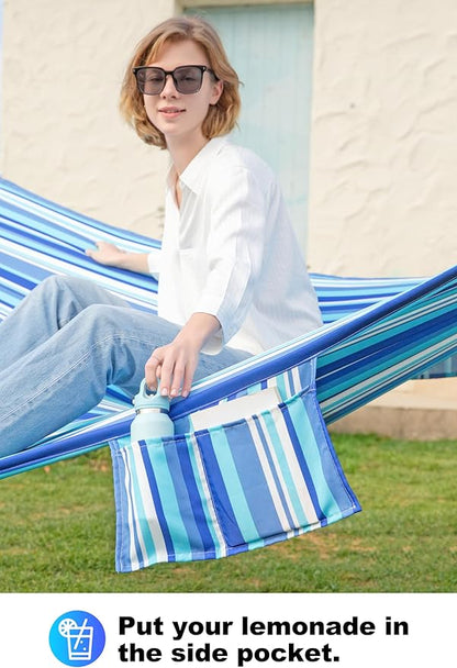 Double Quilted Fabric Tree Hammock with Spreader Bar, 14ft Hammocks 2 Person for Outside, Fits 12ft -14ft Hammock Stand, Large Pillow, Side Pocket & Carabiner, Max 475 lbs Capacity (Ocean Blue)