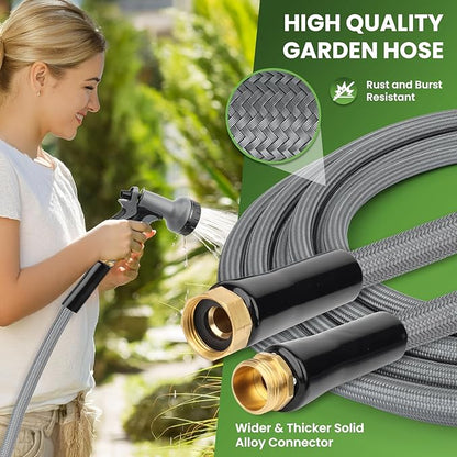 KLABB 100FT Garden Hose 5/8" with Solid Brass Connectors & 10-Function Nozzle, Lightweight Flexible PET Steel Hose with Adjustable Straps, No-Kink, Rustproof & Leak-Free for Garden & Outdoor Cleaning