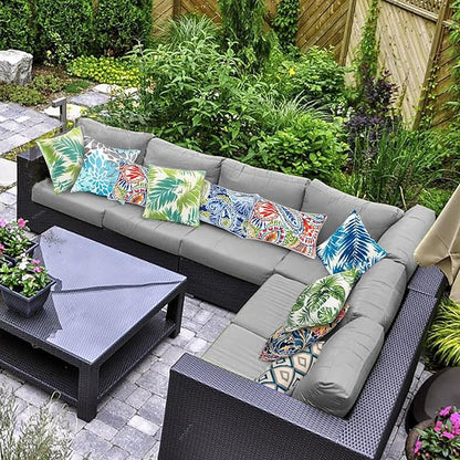 JMGBird 12×20 Inch Outdoor Lumbar Pillows Pack of 2 Colors Waterproof Throw Pillows with Insert Rectangular Decorative Garden Cushion for Home Furniture Patio Coach Sofa