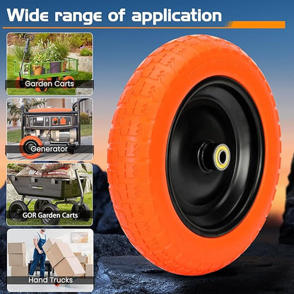 13" Flat Free Wheels Replacement for GOR Garden Cart Tires and Wheels, 4.00-6 Solid Tires and Wheels with 5/8"Bearings, 13" No Flat Wheels for GOR Garden Carts/Hand Trucks/Garden Carts（Orange）