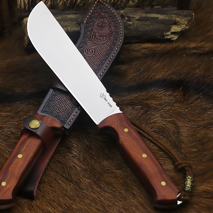 BA-KOR USA 8mmDC53 steel 35CM (14 ") full Tang fixed knife with leather sheath and (5.9 ") ceria ignition head, suitable for outdoor hunting, camping, clearing, adventure, fishing, EDC, BBQ (BA-K0a(8mm))