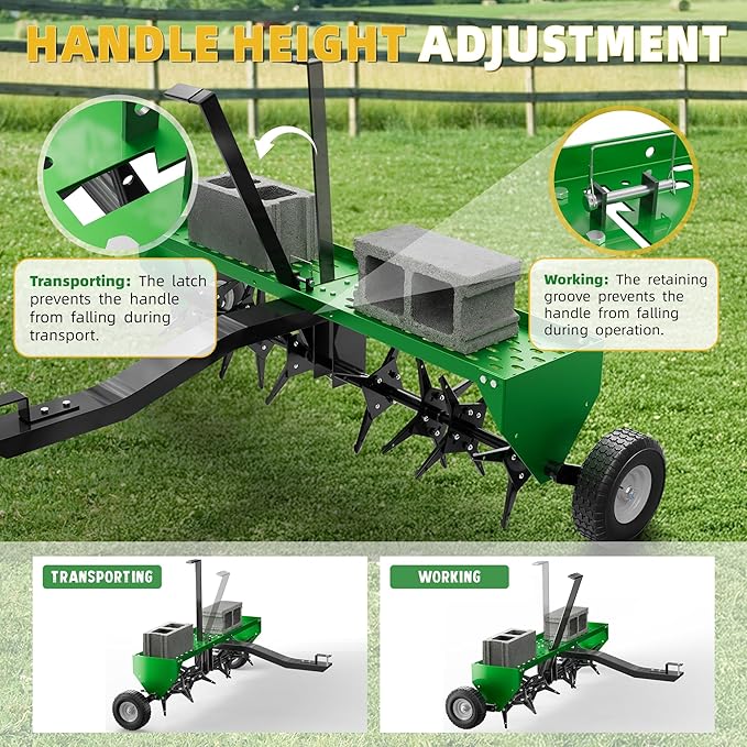 48" Lawn Aerator Tow Behind, Pull Behind Aerator with Universal Hitch, 32 Galvanized Steel Tines, Tray and Pneumatic Tires, Plug Behind Aerator is Suitable for Gardens, Lawns and Farms