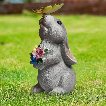 Solar Garden Statue LED Outdoor Garden Decor Funny Animal Sculpture for Yard Patio Lawn Weatherproof Resin Birthday Art Gift（Rabbit and Butterfly）
