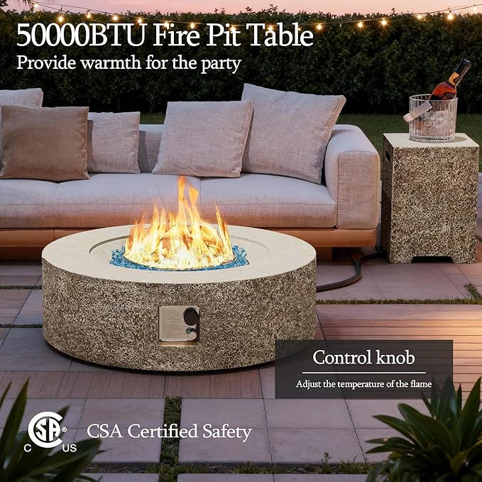 UPHA 42-inch Outdoor Propane Gas Fire Pit Table 50000 BTU Concrete Round FirePit for Outside Patio with Propane Tank Cover, Blue Glass Rocks, Rain Cover, Beige Texture