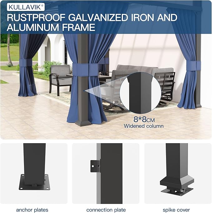 Kullavik 10' × 28' Hardtop Gazebo for Patio,Wall-Mounted Lean to Gazebo Pergola with Sloping Roof and Durable Aluminum Frame,Large Heavy Duty Awnings for Decks,Backyard,NavyBlue