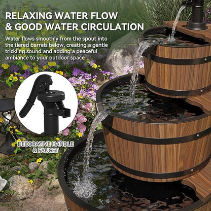 Aoxun 3-Tier Outdoor Water Fountain, Wood Barrel Cascading with Electric Decorative Hand Pump, Rustic Waterfall Fountain for Garden, Backyard, Patio, Porch, Yard