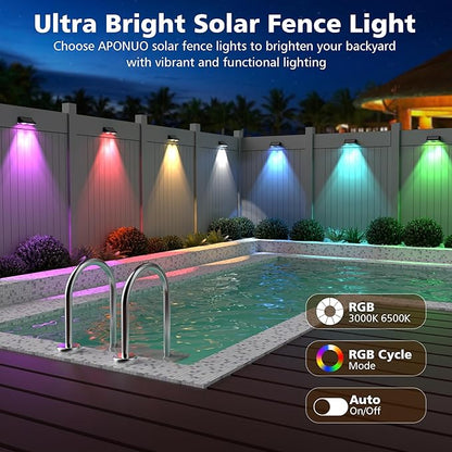 APONUO Solar Fence Lights Outdoor Waterproof, Fence Lights Solar Powered, 9 RGB Color Modes&Warm White&Cool White, Fence Solar Light Outdoor for Backyard, Patio, Wall, Yard,Deck（Black, 12 Pack）