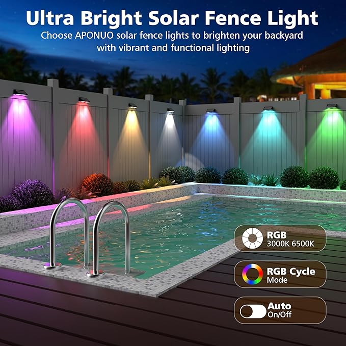 APONUO Solar Fence Lights Outdoor Waterproof, Fence Lights Solar Powered, 9 RGB Color Modes&Warm White&Cool White, Fence Solar Light Outdoor for Backyard, Patio, Wall, Yard,Deck（Black, 6 Pack）