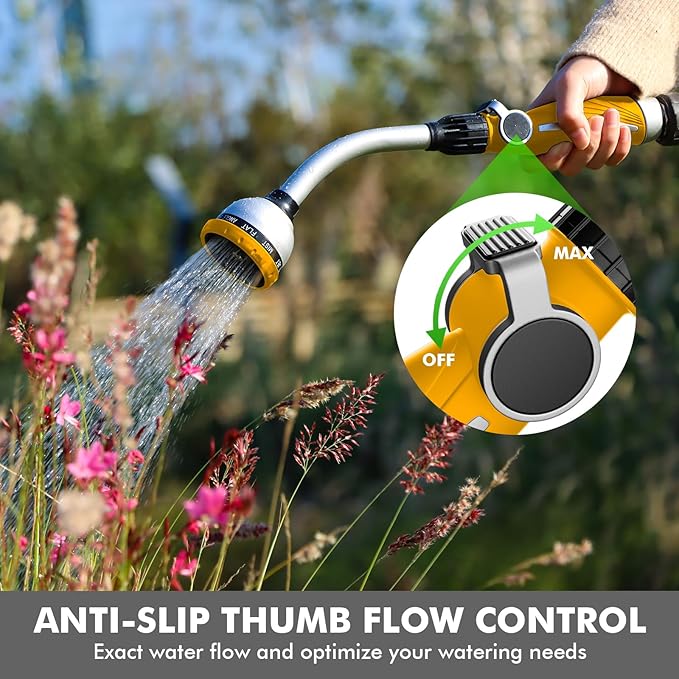 RESTMO Watering Wand Heavy Duty, Metal Garden Hose Wand with 10 Spray Patterns, 15-Inch Long Hose Nozzle Sprayer with Thumb Flow Control, Ideal to Water Hanging Baskets and Shrubs, Yellow