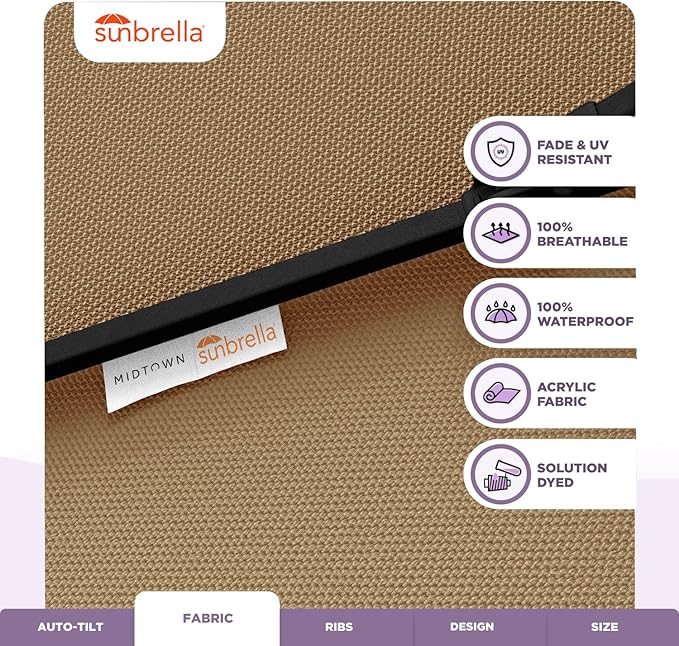 Midtown Umbrellas The Lean 10 Feet Outdoor Umbrella With Sunbrella Heather Tan Acrylic Fabric - 8 Ribs Aluminum Frame Patio Umbrella With Zinc Alloy Crank Lift And Auto-Tilt System