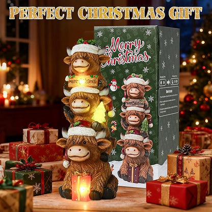 Christmas Highland Cow Decor with Solar Light Triple Highland Cow Christmas Decorations Gifts for Women Mom Funny Highland Cows Garden Statues for Garden Patio Lawn Yard Decor(Multicolor)