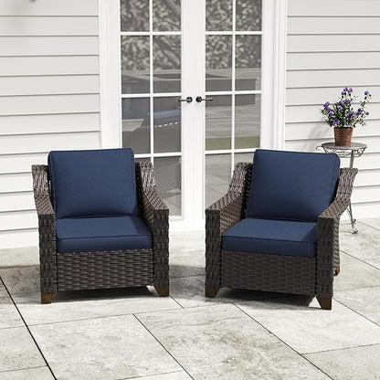 Patio 2 Pieces Chairs Set of 2 with Removable and Washable Covers，Outdoor PE Rattan Wicker Armchairs with Water-Resistant Cushions for Porch, Balcony, Sunroom (Navy Blue)