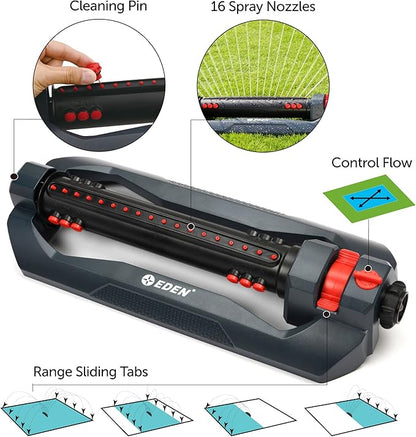 Eden 96212 Turbo Oscillating Sprinkler, Covers Up to 4,499 sq. ft., 18 Precision Nozzles, Flow and Width Controls, Adjustable Range, Triple Nozzle Switches, Quick Connects, Filters