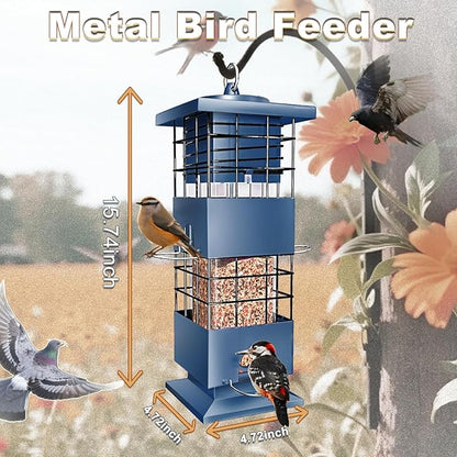 Squirrel Proof Bird Feeder, 3.5Lbs Large Capacity Metal Squirrel-Proof Bird Feeders for Outdoors Hanging, 4 Feeding Ports Wild Bird Feeders with Gravity Protection for Finch, Cardinal, Blue Jay