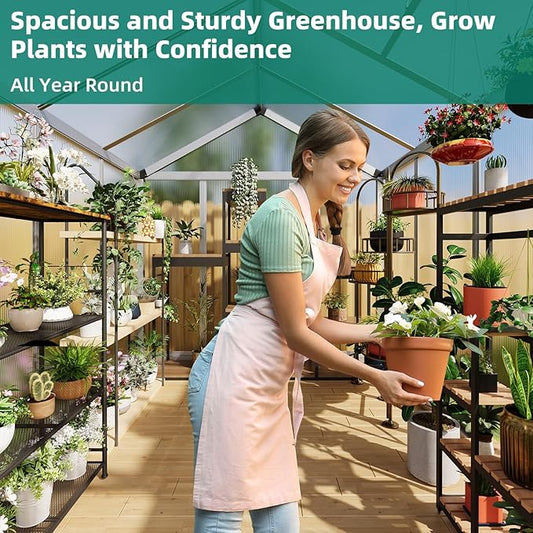 6 x 8 FT Greenhouse, Heavy-Duty Polycarbonate Large Walk-in Greenhouse Roof Vent ,Aluminum Frame & Lockable Door, for Backyard, Green Houses for Outside Garden Backyard
