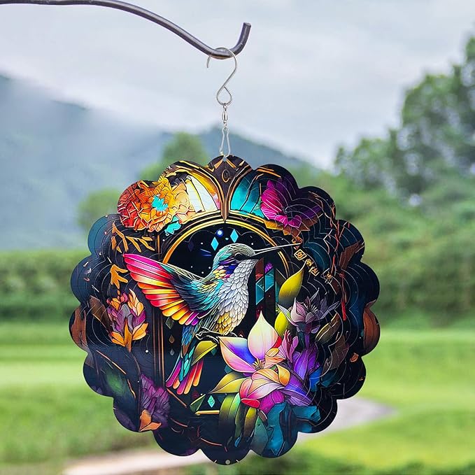 Wind Spinners Art Hummingbird 12 inch 3D Stainless Steel Laser Cut Metal Art Geometric Pattern Wind Sculpture Hanging for Yard Garden Decorations Outdoor