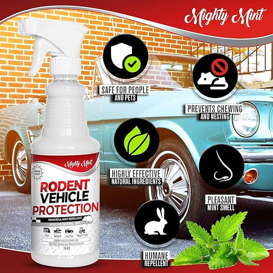 Mighty Mint Peppermint Oil Rodent Repellent Spray for Vehicles – Natural Mouse & Rat Control for Car Engines, RVs, Trucks & Boats – Plant-Based, Extra-Strong Formula – 16 oz