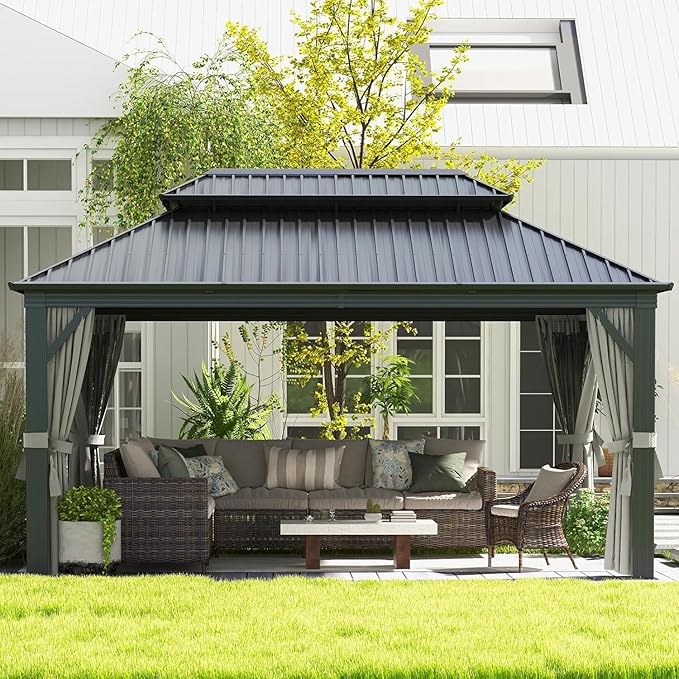 Aoxun 12Ft X 16Ft Hardtop Gazebo, Aluminum Metal Outdoor Gazebo with Breathable Netting and Curtains, Galvanized Steel Double Top, Permanent Patio Pavilion for Backyard, Wedding, Party