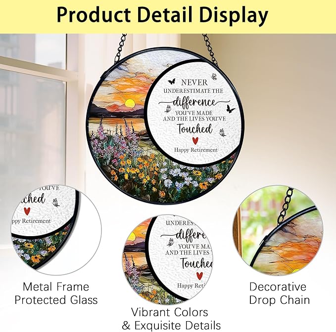 TNUW Retirement Gifts Flower Stained Glass Window Hanging, Difference Maker Gift Sun Catchers Indoor Window Glass Round Wall Art Decor, Retired Gifts for Woman Wall Hanging Decorations, 7.9＂x7.9＂