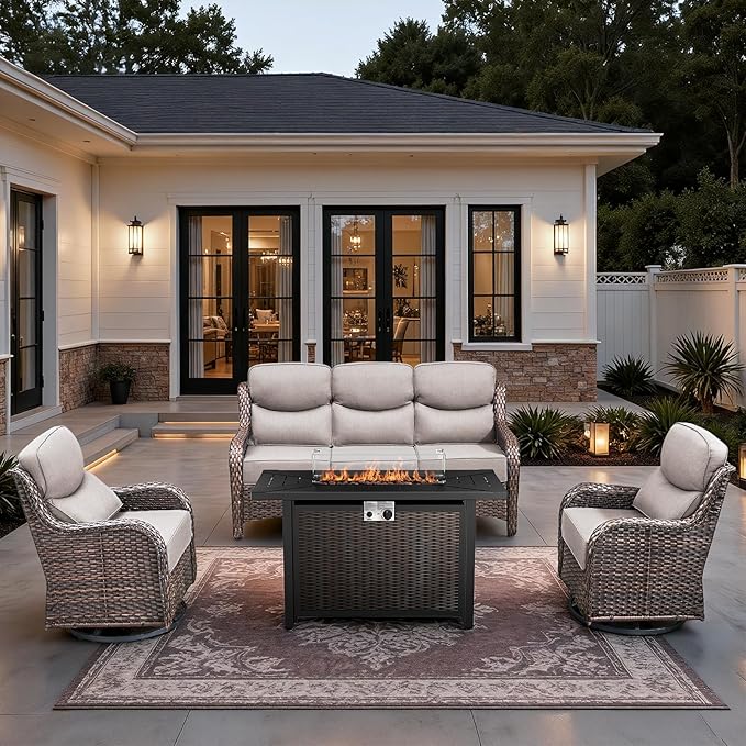 HUMMUH 4 Pieces Patio Furniture Set with Fire Pit High Back Outdoor Furniture Set 6-inch Cushions Wicker Patio Swivel Rocker Chairs for Balcony Garden,Lawn,Deck