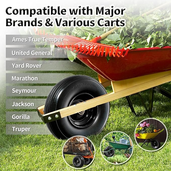 Wheelbarrow Wheel 13 Inch Flat Free 4.00-6 Solid Tire, Replacement Heavy Duty, with 5/8" and 3/4" Bearings 1.75" Center Hub, fits Garden Cart, Dolly, Hand Truck, Trailer, Utility Wagon, 1 Pcs