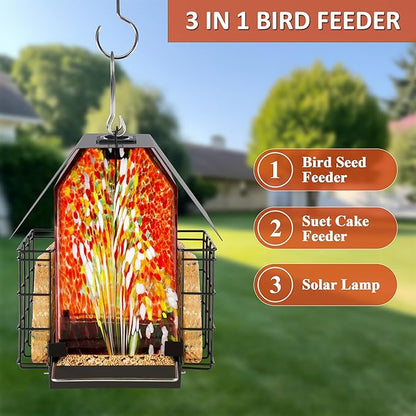 LUJII Solar Bird Feeder for Outdoor Hanging, 2 Suet Cake Cages, Hand-Blown Glass Container, Metal Roof, All-Weather Design for Woodpeckers, Red