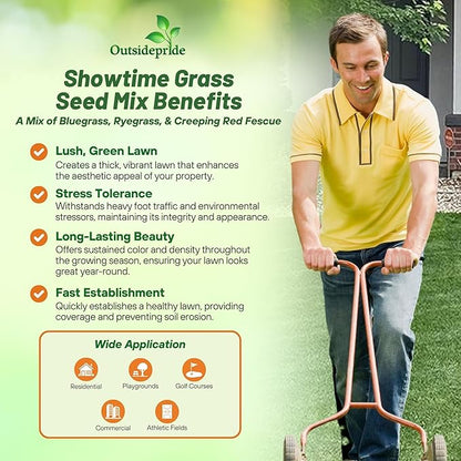 Outsidepride Showtime Perennial Lawn Grass Seed Mix - 10 lbs. Premium Blend of Creeping Red Fescue, Rye Grass & Kentucky Bluegrass Seed for Sports Fields, OptiGrowth Coated for Better Establishment