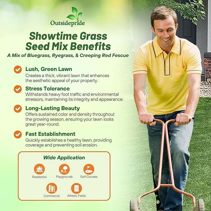 Outsidepride Showtime Perennial Lawn Grass Seed Mix - 25 lbs. Premium Blend of Creeping Red Fescue, Rye Grass & Kentucky Bluegrass Seed for Sports Fields, OptiGrowth Coated for Better Establishment