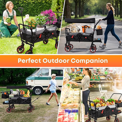Collapsible Canopy Wagon,Large Capacity Trolley, Foldable Portable cart with Canopy, Adjustable Push/Pull Handle, Shock-Absorbing Wheels, Suitable for Shopping,Traveling-B
