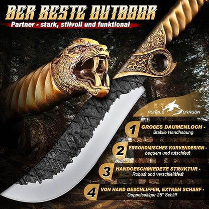 Purple Dragon Heavy Duty Machete for Cutting Trees – Japanese Forged Survival Machete with Tiger Head Handle, Gardening Machetes with Leather Sheath, Yard Work & Outdoor Camping Machetes