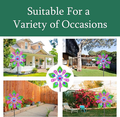 Solar Peacock Wind Spinners for Yard & Garden - 40 Inch Metal Wind Sculpture, Kinetic Windmill with Multi Color LED Lights, Lawn & Patio Art Decor