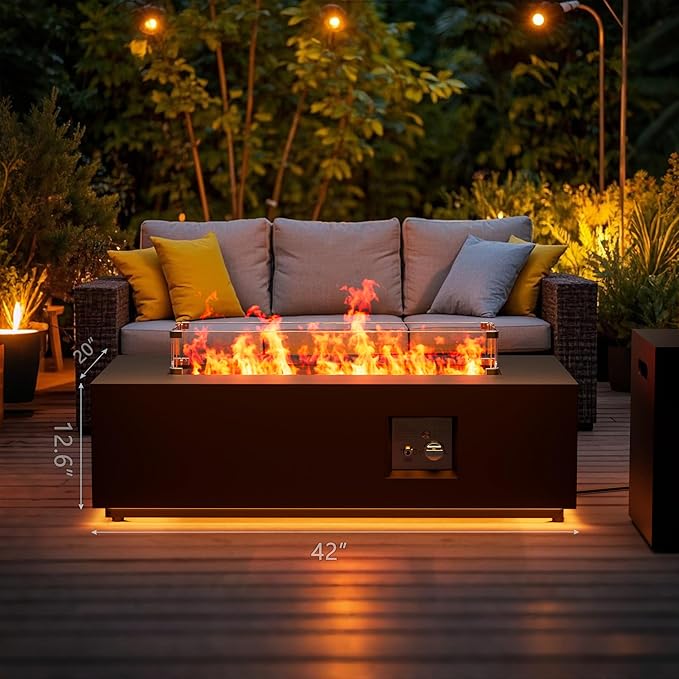 42" Outdoor Fire Pit Table, 50,000 BTU Gas Fire Pit with Glass Wind Guard, Fire Stones, Waterproof Cover, Propane Fire Pit Table for Outside Patio (Warm Light, Black)