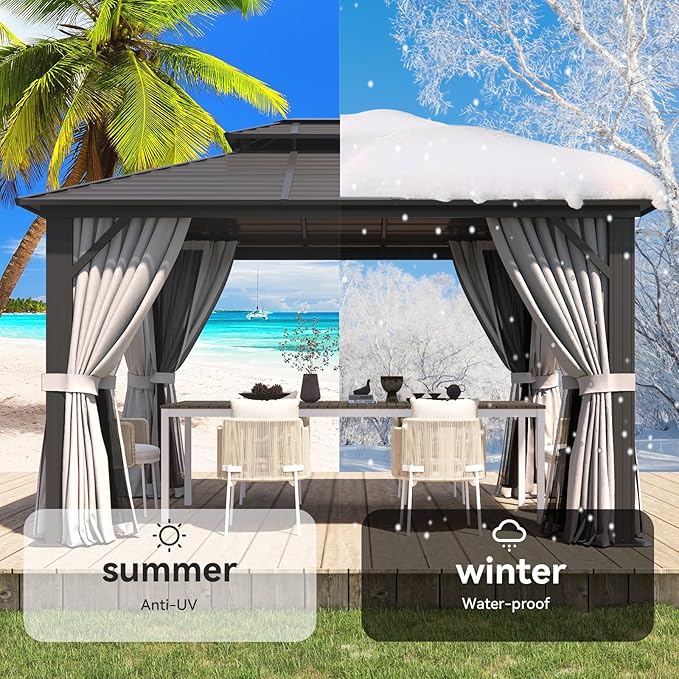 Aoxun 10'x 12' Hardtop Gazebo, Outdoor Dual-Layer Galvanized Steel Double Roof Aluminum Furniture Gazebo Canopy with Netting and Curtains for Deck Backyard Wedding Garden