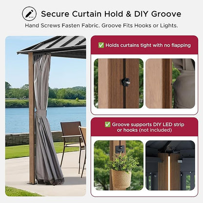 SUNJOY Kingston 14' x 12' Hardtop Gazebo with Galvanized Steel Double Roof, Curtain and Netting, Woodgrain Finish Aluminum Posts Permanent Pavilion Gazebo for Garden, Patio, Deck, Lawn