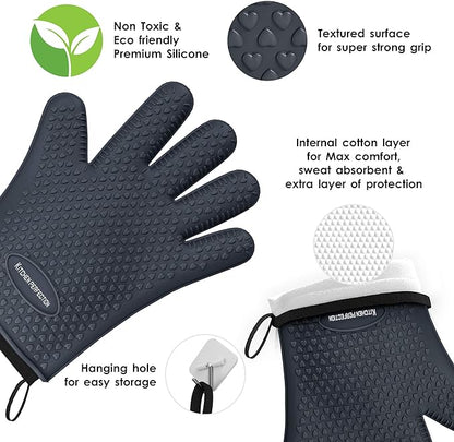 KITCHEN PERFECTION Silicone Smoker Oven Gloves -Extreme Heat Resistant BBQ Gloves -Handle Hot Food Right on Your Smoker Grill Fryer Pit|Waterproof Oven Mitts Grill Gloves |Superior Value Set+3 Bonuses