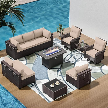 11 Pieces Outdoor Patio Furniture Set Outdoor Furniture Patio Sectional Sofa Conversation Sets w/ETL Approved 45" Gas Outdoor Fire Table & Coffee Table, Swivel Rocking Chair Brown