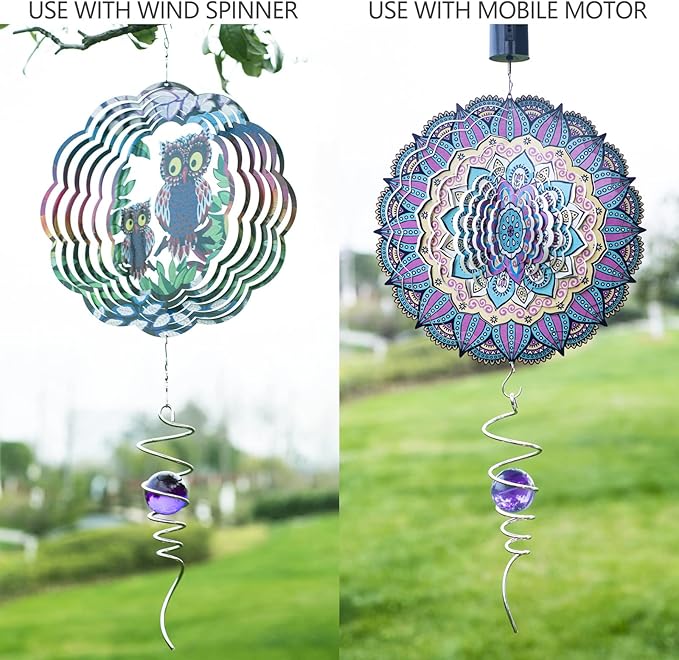 Gazing Ball Spiral Tail Wind Spinner Stabilizer, Garden Decorations Stainless Steel Metal with Hook & Purple Crystal Glass Orb Outdoor Hanging Decor Kinetic Yard 3D Swivel Art Sun Catchers