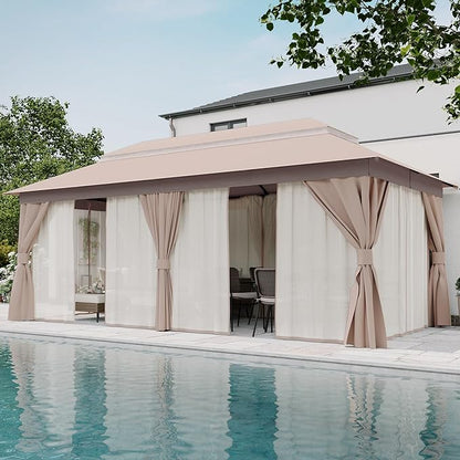 LAUSAINT HOME Outdoor Patio Gazebo 10'x20' with Expansion Bolts, Heavy Duty Party Tent & Shelter with Double Roofs, Mosquito Nettings and Privacy Screens for Backyard, Garden, Lawn, Champagne Khaki