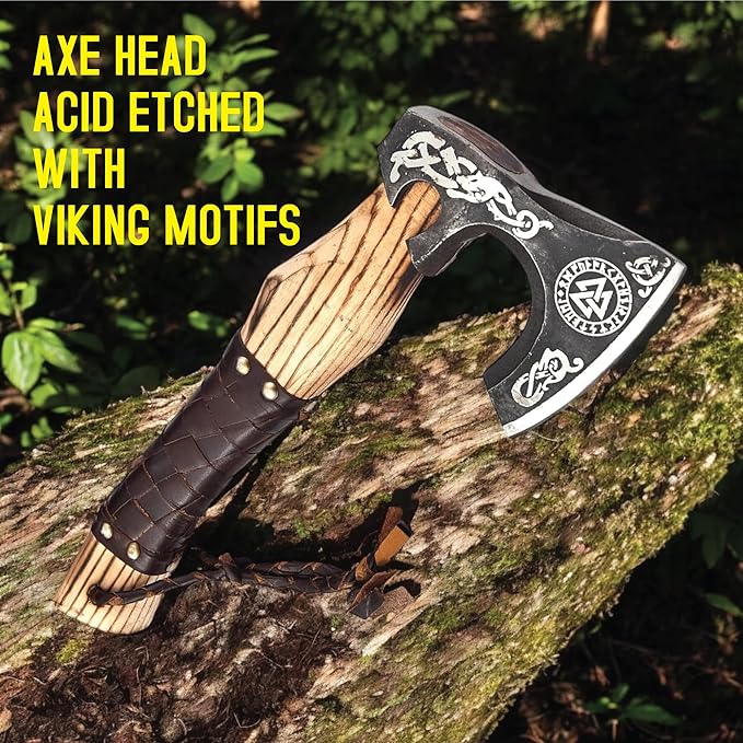 Viking Axe Ashwood Handle Handmade Carbon Steel Blade, Outdoor Camping Hunting, Norse Hatchets Axes, with Leather Wrapped Handle & Leather Sheath Wood Splitting Axes